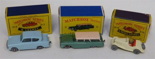 Lot 72 - Matchbox Series 31 American Ford station wagon (pale pink roof), Series 7 Ford Anglio, Series 19 MG Sports car.