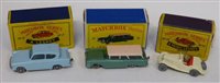 Lot 72 - Matchbox Series 31 American Ford station wagon (pale pink roof), Series 7 Ford Anglio, Series 19 MG Sports car.