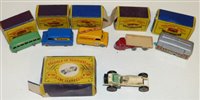 Lot 84 - Matchbox series 25 Bedford Dunlop van, Series 21 London - Glasgow bus, Series 42 Evening New van, Series 10 articulated truck , Series 74 mobile canteen and Series 10 1908 Mercedes, all boxed excep...
