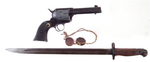 Lot 267 - SMLE Wilkinson Bayonet dated 1907, pair of dog tags and a replica Colt SAA Peacemaker