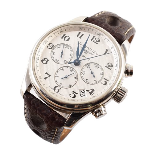 Lot 171 - Gent's Longines Master Collection Chronograph steel watch on leather strap with deployment buckle
