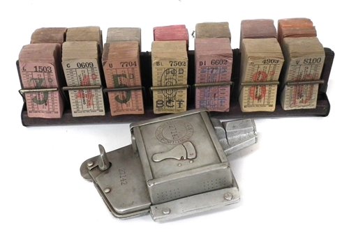 Lot 2 - Bell Punch bus ticket stamp no. 27142, together with a ticket rack and unused tickets.