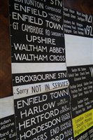 Lot 47 - Five London Transport Bus destination blinds in black and white.