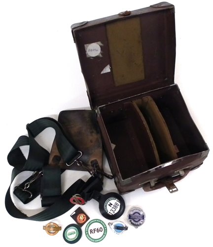 Lot 16 - Bus Conductor's ticket machine straps complete with badges together with eight other badges.