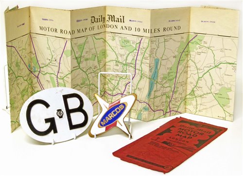 Lot 57 - Marcos enamel car badge, GB AA aluminium badge and a Daily Mail Road map.