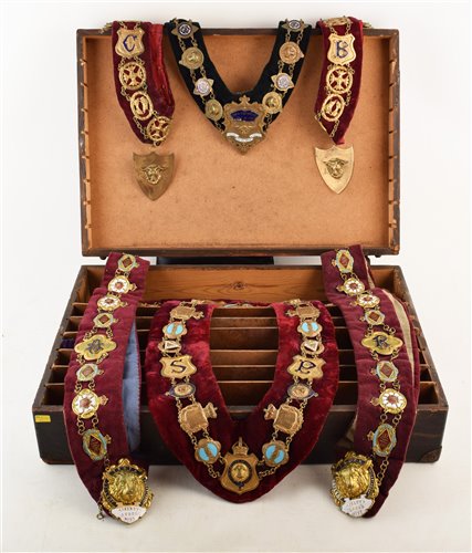 Lot 348 - Five cases containing RAOB regalia, to include chains of office, sashes, armlets etc