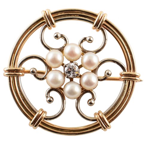 Lot 132 - 14ct gold pearl and diamond set brooch