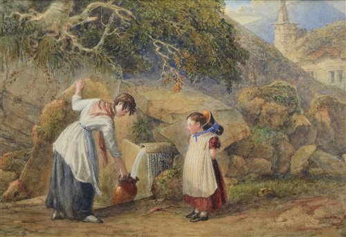 Lot 308 - George Shepherd, Mother and child at a fountain head, watercolour.