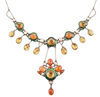 Lot 140 - Early 20th century Arts & Crafts silver, enamel and semi-precious stone set drop pendant fringe necklace