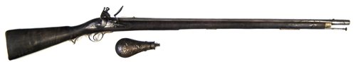Lot 1 - East India Company flintlock musket dated 1800 and a powder flask