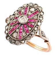 Lot 142 - French Art Deco diamond and ruby oval cluster ring