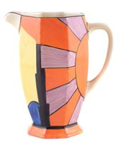Lot 56 - Clarice Cliff Athens shape jug decorated in sun ray pattern.