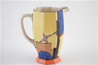 Lot 56 - Clarice Cliff Athens shape jug decorated in sun ray pattern.