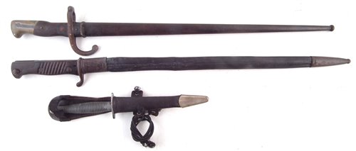 Lot 182 - French Gras rifle bayonet and scabbard,  Mauser bayonet and a commando style knife
