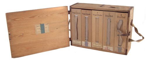 Lot 263 - German pine 7.92 ammunition case with one original card insert and reproduction inserts.