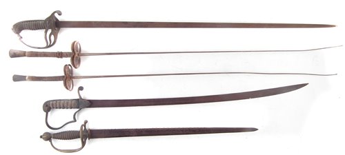 Lot 195 - Three mid 19th century sabres, one with a saw back, also two fencing foils