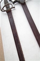 Lot 195 - Three mid 19th century sabres, one with a saw back, also two fencing foils