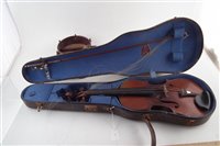 Lot 24 - Violin with case and bow, bowl back mandolin, banjolele