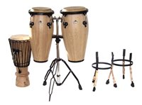 Lot 76 - Nino 8" and 9" Conga set with basket stands and also tripod stand together with one other string tension Djembe