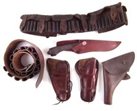 Lot 239 - Three leather holder and two cartridge belts, and a Wilkinson-Sword knife and sheath