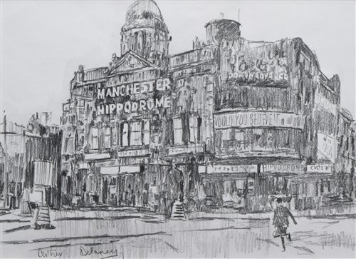 Lot 277 - Arthur Delaney, "Manchester Hippodrome", charcoal drawing.