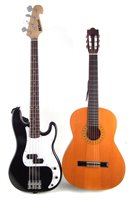 Lot 99 - Star Sound Precision bass style guitar and a Hohner classical / Spanish guitar with soft case.