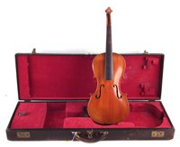 Lot 14 - Violin, with two piece back, in fitted leather rectangular case.