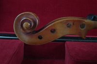 Lot 14 - Violin, with two piece back, in fitted leather rectangular case.