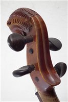 Lot 7 - German violin with lion head scroll, with two piece back, bow and case.