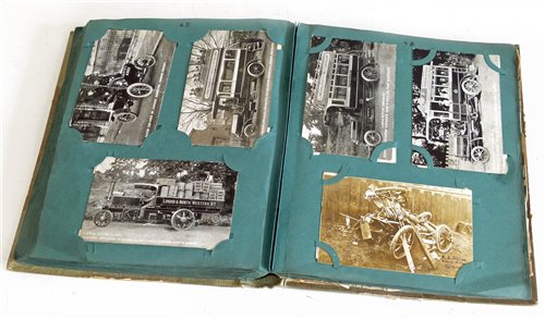 Lot 48 - Postcard album including L & NW Motor Omnibus, motor car used by Cartage Inspector L & NWR and many other rail motor cars and steam locomotives.