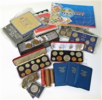 Lot 14 - A box with various sets of British coins and a collection of East Africa Ten Cents.