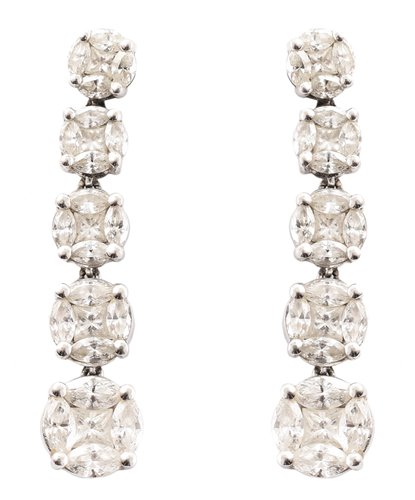 Lot 128 - Pair of diamond 5 cluster 18ct white gold drop earrings