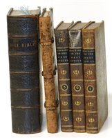 Lot 359 - Three volumes 'Notes on the West Indies' by George Pinckard (M.D.) and 1921 dated 'La Vita Nuova' and family Bible.