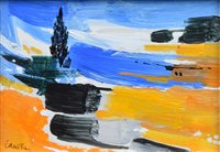 Lot 204 - Kenneth Lawson, "Cypress, Sun and Rocks", acrylic.