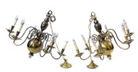 Lot 326 - A pair of lacquered brass six-branch chandeliers of Dutch 17th century style.