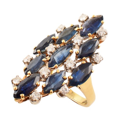 Lot 163 - Sapphire and diamond large marquise shaped cluster 18ct yellow gold ring