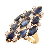 Lot 163 - Sapphire and diamond large marquise shaped cluster 18ct yellow gold ring
