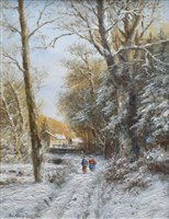 Lot 199 - Van Meurs, 20th century, Winter woodland scene with figures, oil.