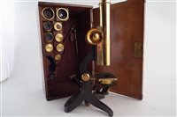 Lot 187 - Swift & Son, Tottenham Court Road, London, lacquered brass and blued steel monocular microscope.