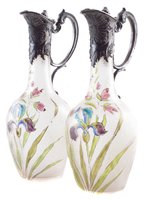 Lot 21 - Pair of WMF Mont Joye Legras decanters circa 1900 enamelled with iris
