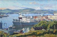 Lot 252 - Igor Pavlovich Rubinsky (1919-1995), "Harbour at Kamchatka", oil on board.