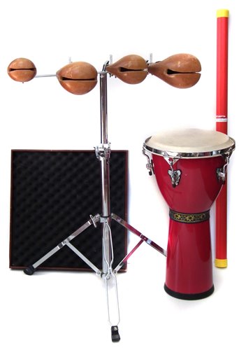 Lot 71 - Percussion Plus Rain Stick, Indian Djembe drum, and a set of woodblocks and stand Stagg Orchestral tray