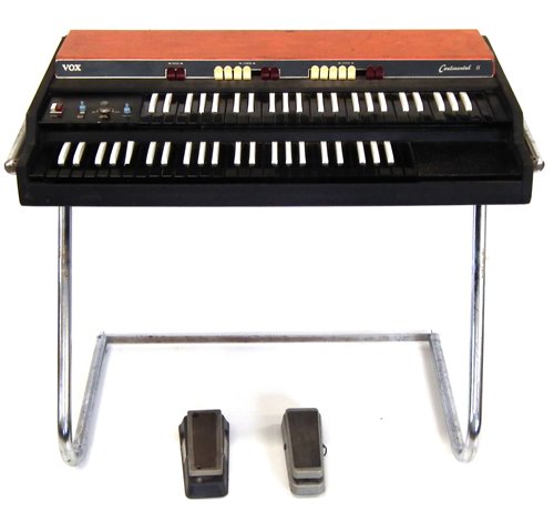 Lot 67 - Vox continental II twin keyboard with pedal legs and cables, also a Vox fuzz pedal