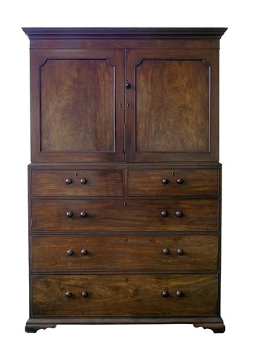 Lot 461 - Mid 19th century figured mahogany linen press cupboard on chest.