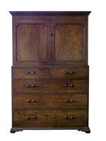 Lot 461 - Mid 19th century figured mahogany linen press cupboard on chest.