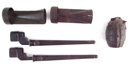 Lot 320 - Grenade, two No.4 bayonets, two incendiary bomb tail fins.