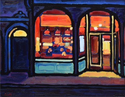 Lot 363 - Malcolm Croft, "Coffee Shop, Dusk", oil.
