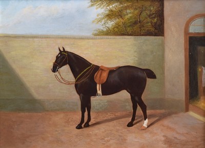 Lot 423 - Attributed to Henry Bernard Chalon, Horse in a courtyard, oil.
