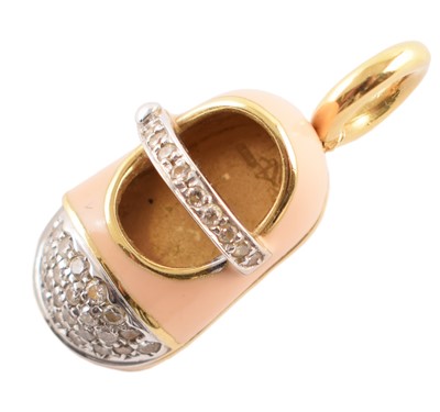 Lot 58 - Aaron Basha designer diamond set and pink enamelled baby shoe pendant