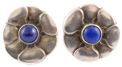 Lot 51 - Pair of Georg Jensen silver and lapis lazuli flower head earrings